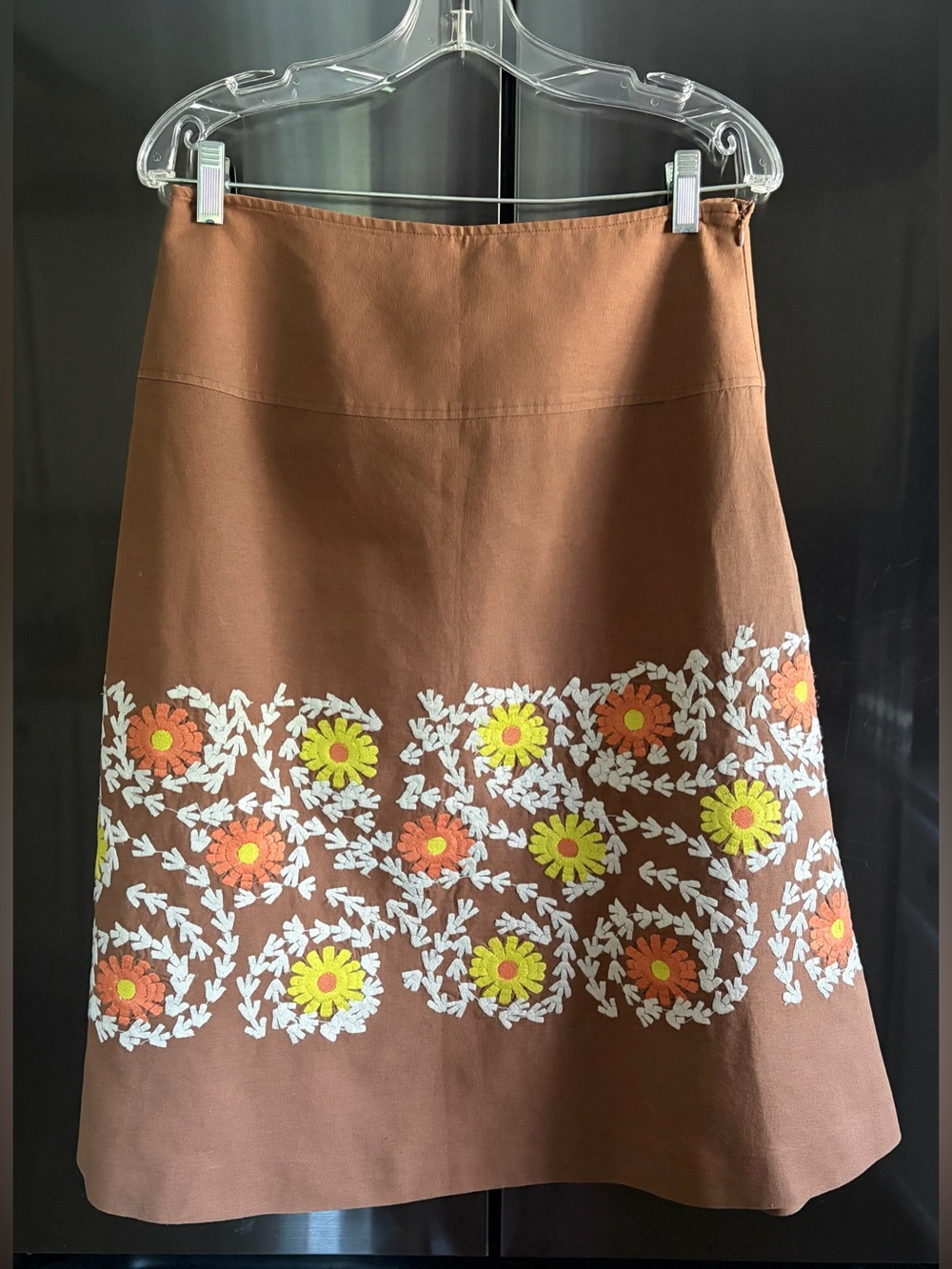Y2K 70s-Style Brown Floral Embroidered A-Line Boho Cottagecore Skirt EUC Sz 6